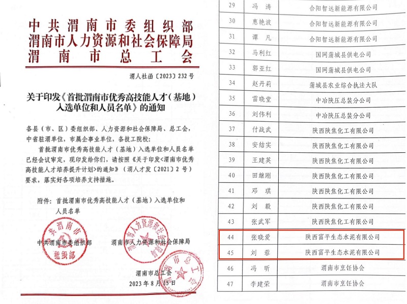 喜報(bào)！富平公司2人榮獲首批“渭南市技術(shù)能手”稱號